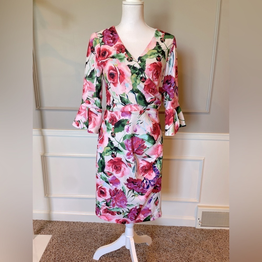 Donna Ricco dress 6 floral faux wrap sheath midi bold pink roses bell sleeve